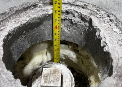 A close-up view of a yellow tape measure measuring the depth of a cored hole in a concrete floor down to a white pipe cap